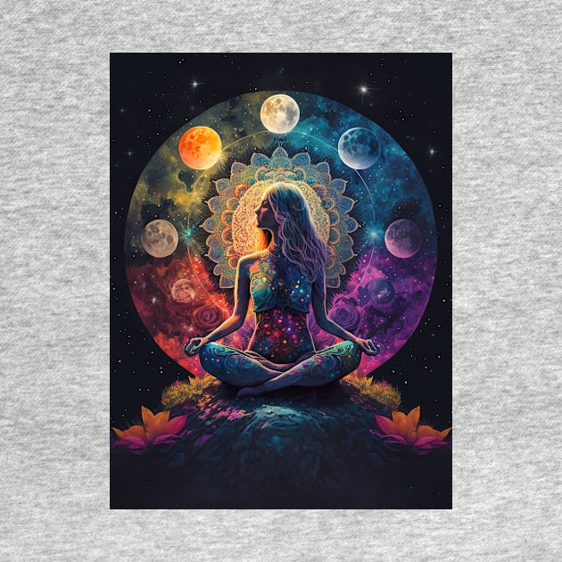 Lotus Woman Meditating on a Mountain with a Colorful Sky, Giant Planets and Lotus Flowers by TheJadeCat